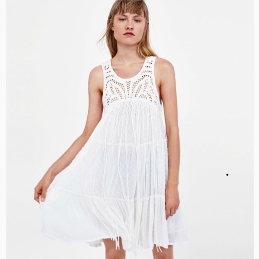 Crochet Swiss Dot Tiered White Boho Babydoll Dress Medium